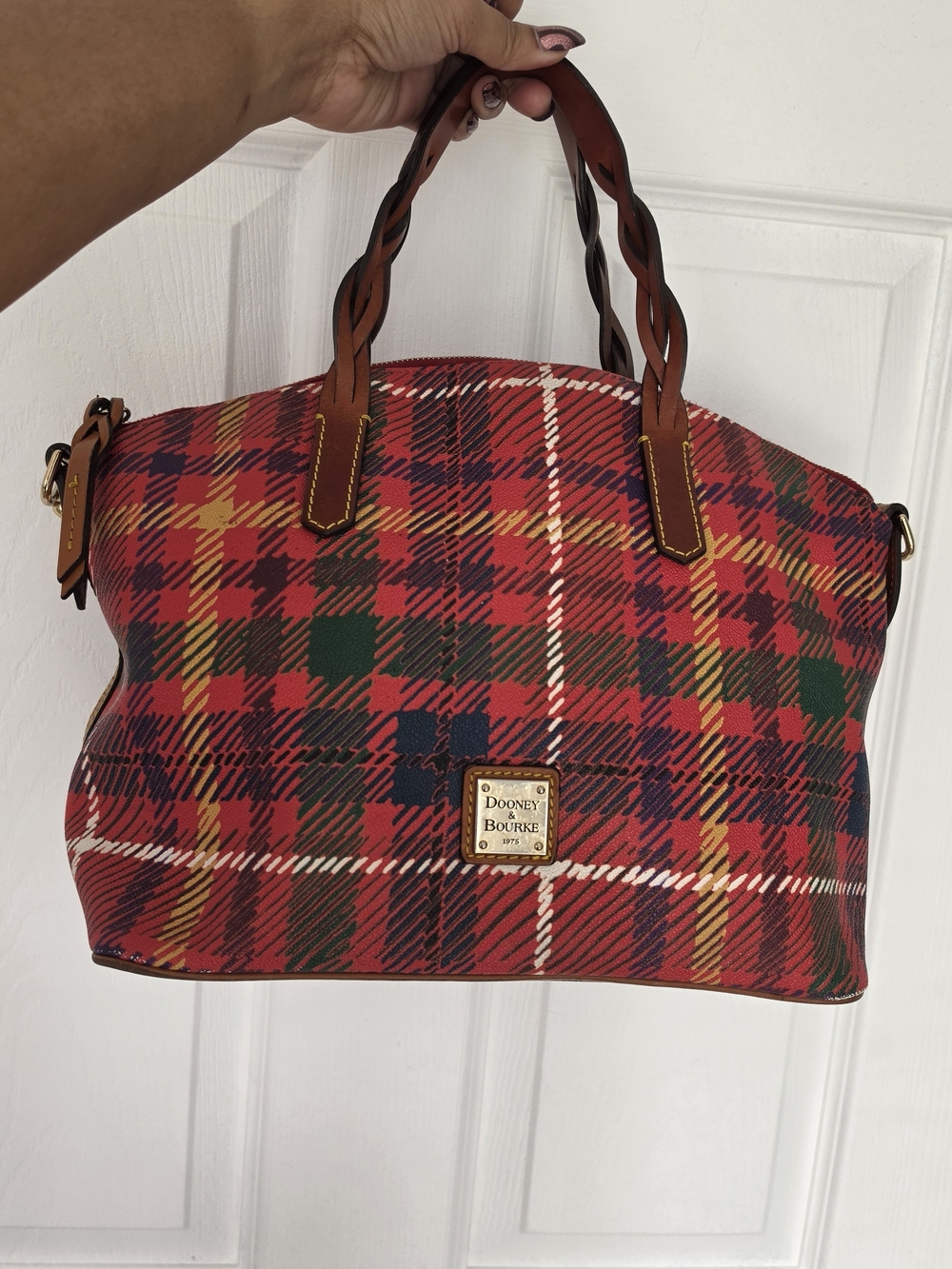 Dooney & Bourke Red Plaid Tote with Brown Handles